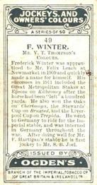 1927 Ogden's Jockeys and Owners' Colours #49 Frederick Winter Back